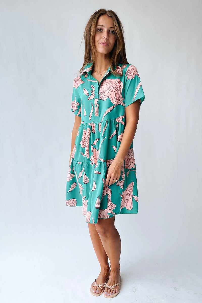 pink and green floral print dress The Lexington Floral Button-Up Dress in Green + Pink Large