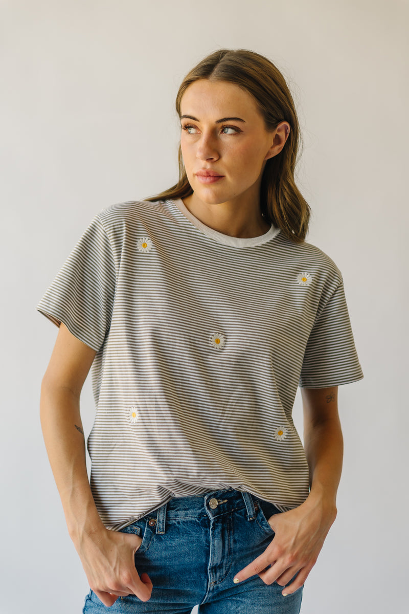 The Moyer Daisy Embroidered Tee in Sage Stripe