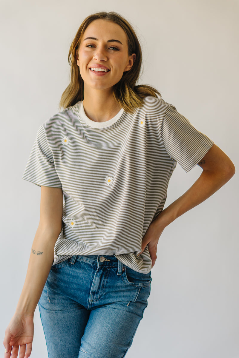 The Moyer Daisy Embroidered Tee in Sage Stripe