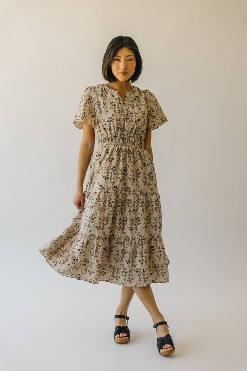 The Dallimore Cinch Waist Midi Dress in Taupe Floral