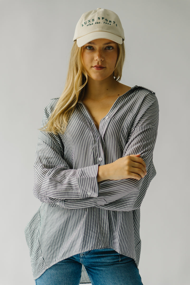 The Brimley Striped Button-Up Blouse in Navy