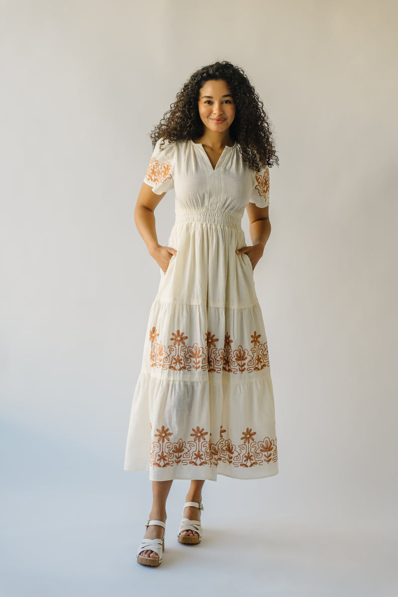 The Radison Embroidered Midi Dress in Cream