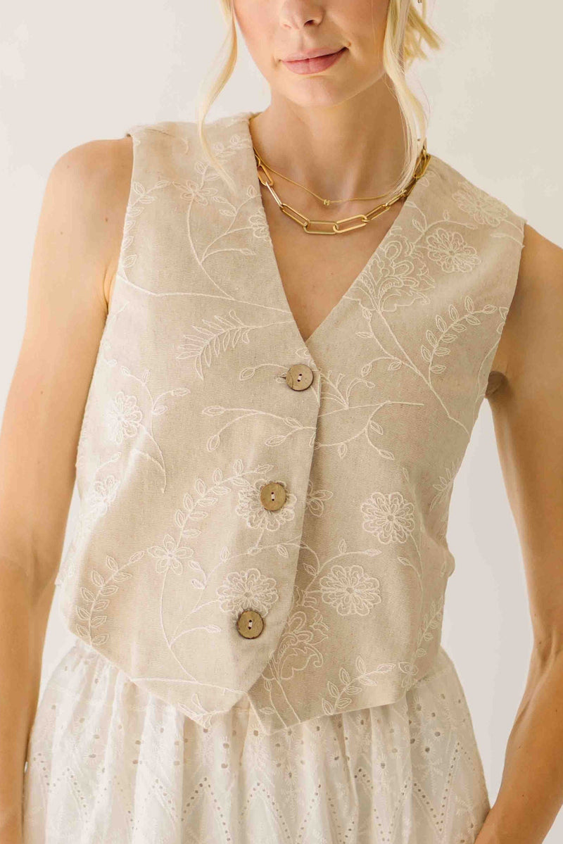 The Vanita Embroidered Linen Vest in Oatmeal Small The Vanita Embroidered Linen Vest in Oatmeal Small