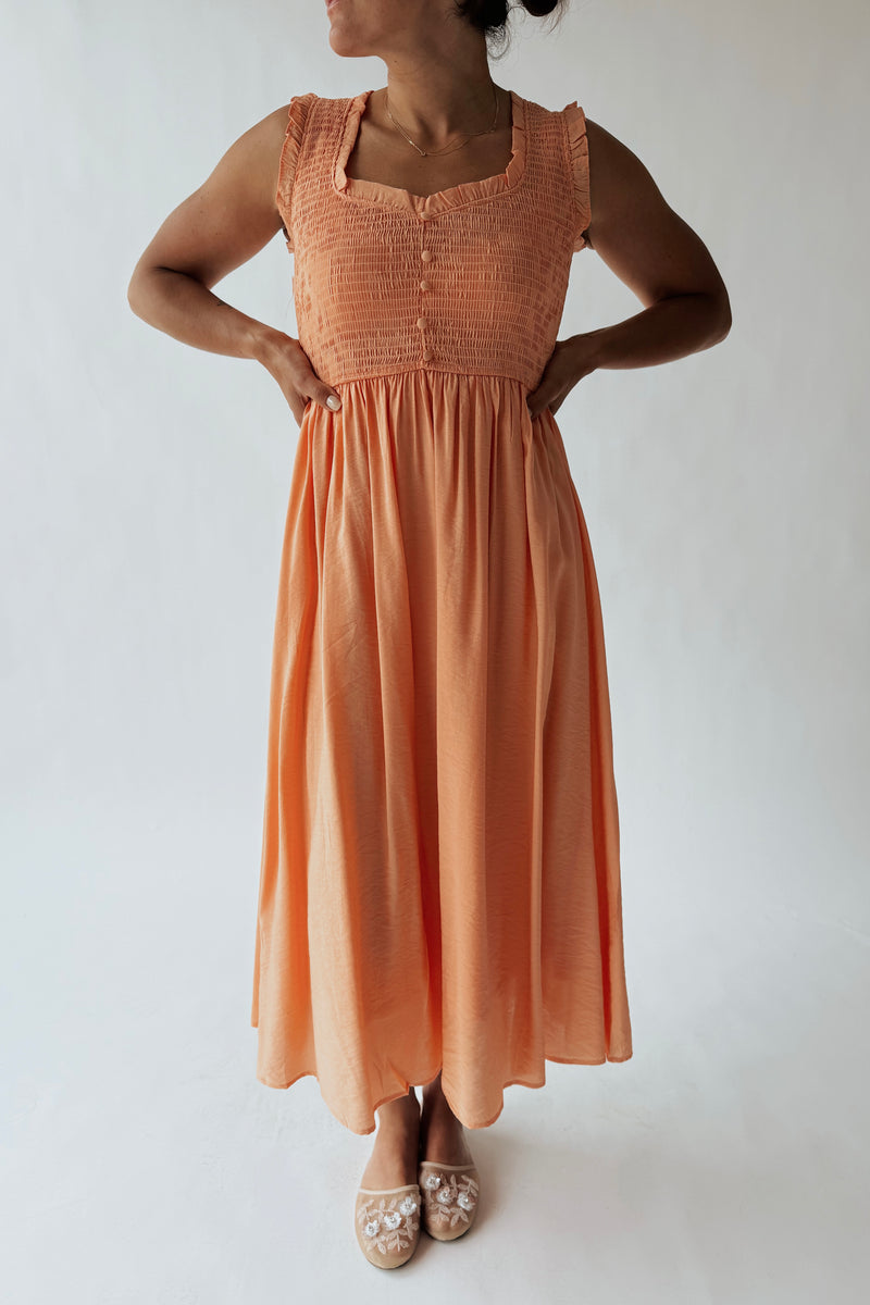 The Cordova Smocked Detail Midi Dress in Light Orange – Piper & Scoot