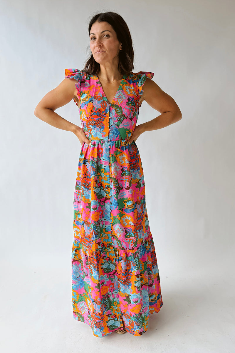 flutter maxi dress The Evianna Flutter Maxi Dress IN Fuchsia Multi (PRE-ORDER: SHIPS IN 3 WEEKS) Small