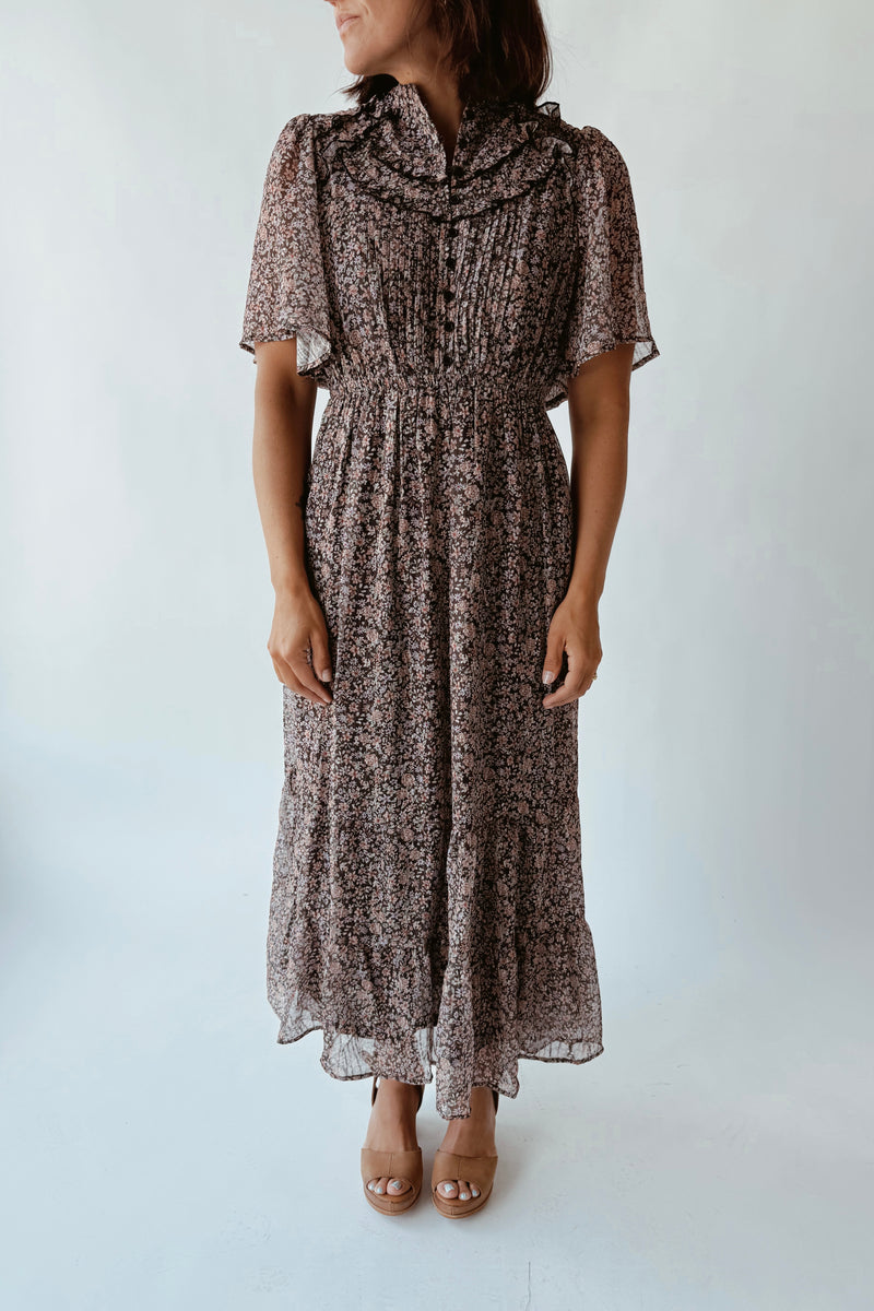 midi dress with ruffles The Lafferty Ruffle Floral in Midnight – Piper & Scoot One-shoulder Mini Shimmer Black length dress is balanced mother of the groom Color:DARK PINK
