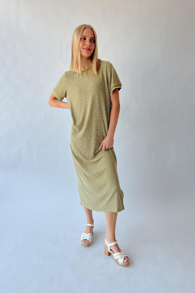 The Irwin Striped Knit Midi Dress in Olive + Cream