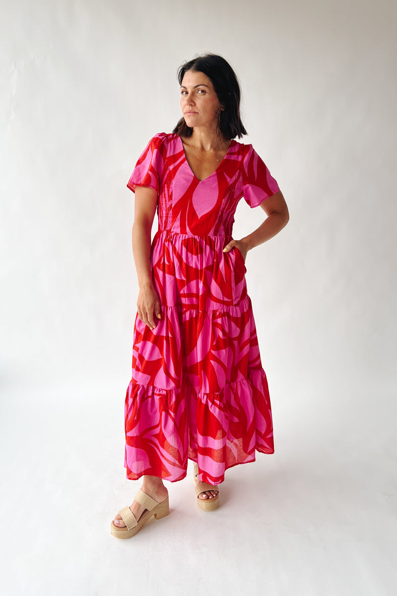 The Alexis Poplin Tiered Midi Dress in Red + Pink Multi – Piper & Scoot