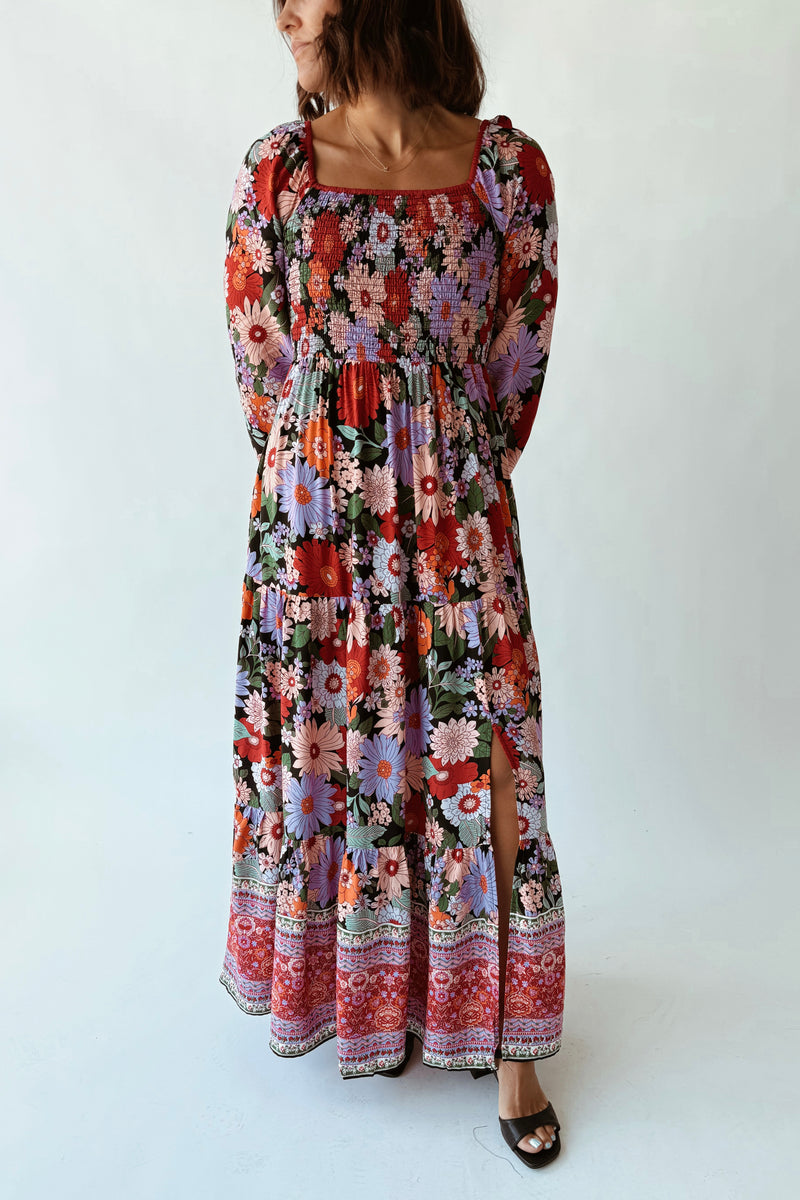 smocked maxi dress with sleeves The Dutson Floral in Black Size:Size 9-10 Machine wash cold img_orange Emerald Green Press on
