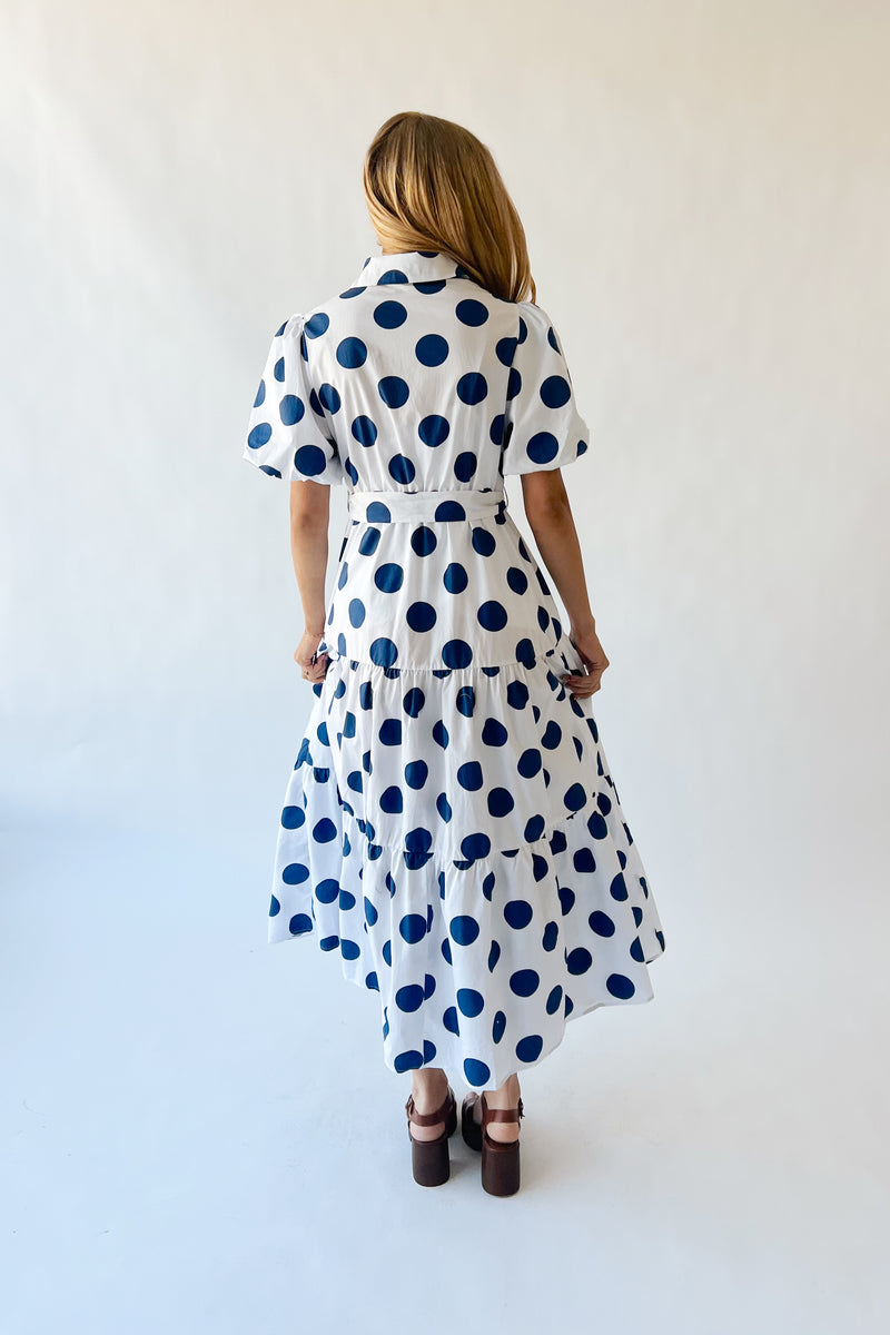 navy and white polka dot midi dress The Robison Puff Sleeve Maxi Dress in Navy + Off White Dot Medium