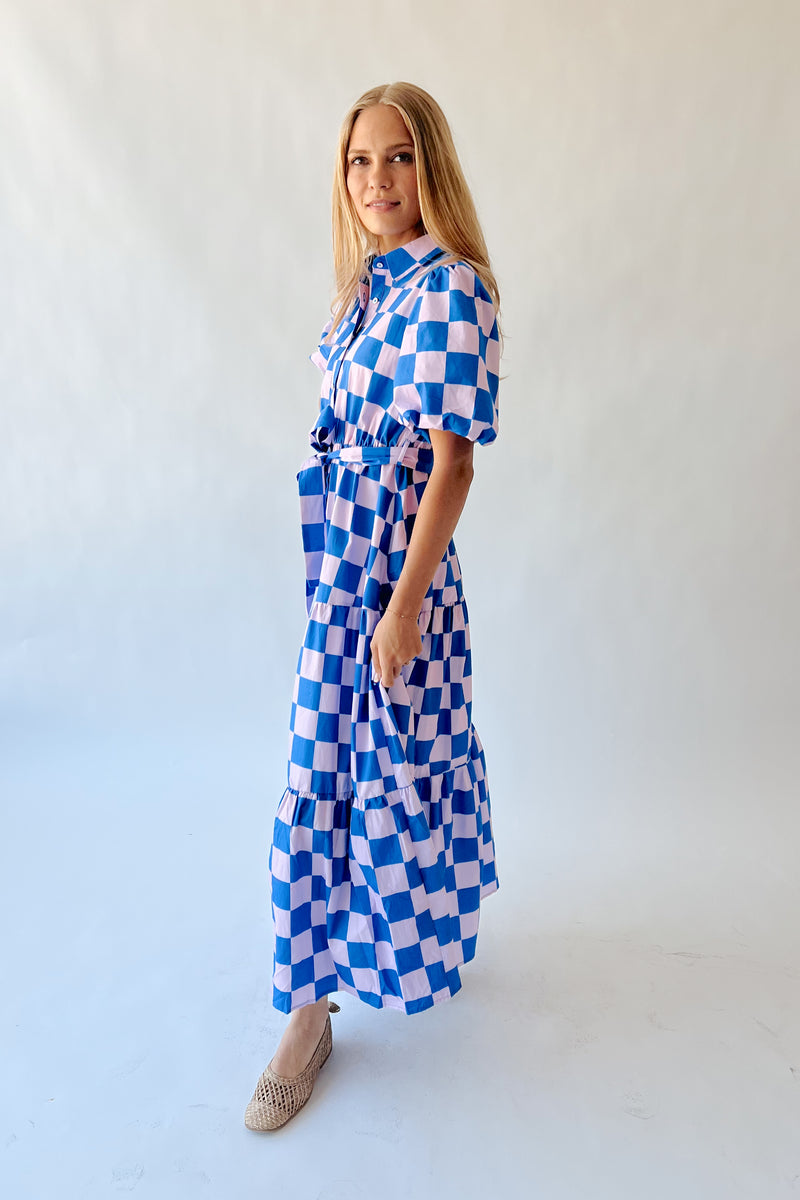 The Robison Puff Sleeve Maxi Dress in Blue + Pink Check Medium The Robison Puff Sleeve Maxi Dress in Blue + Pink Check Medium