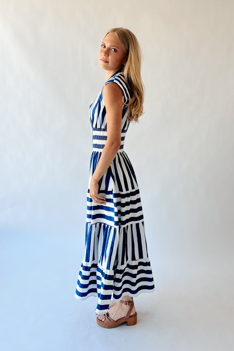 The Frezza Striped V-Neck Maxi Dress in Blue  Piper & Scoot
