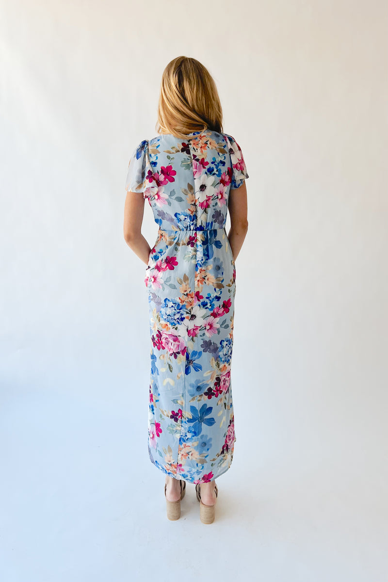 The Camille V-Neck Flutter Sleeve Maxi Dress in Blue Floral – Piper & Scoot