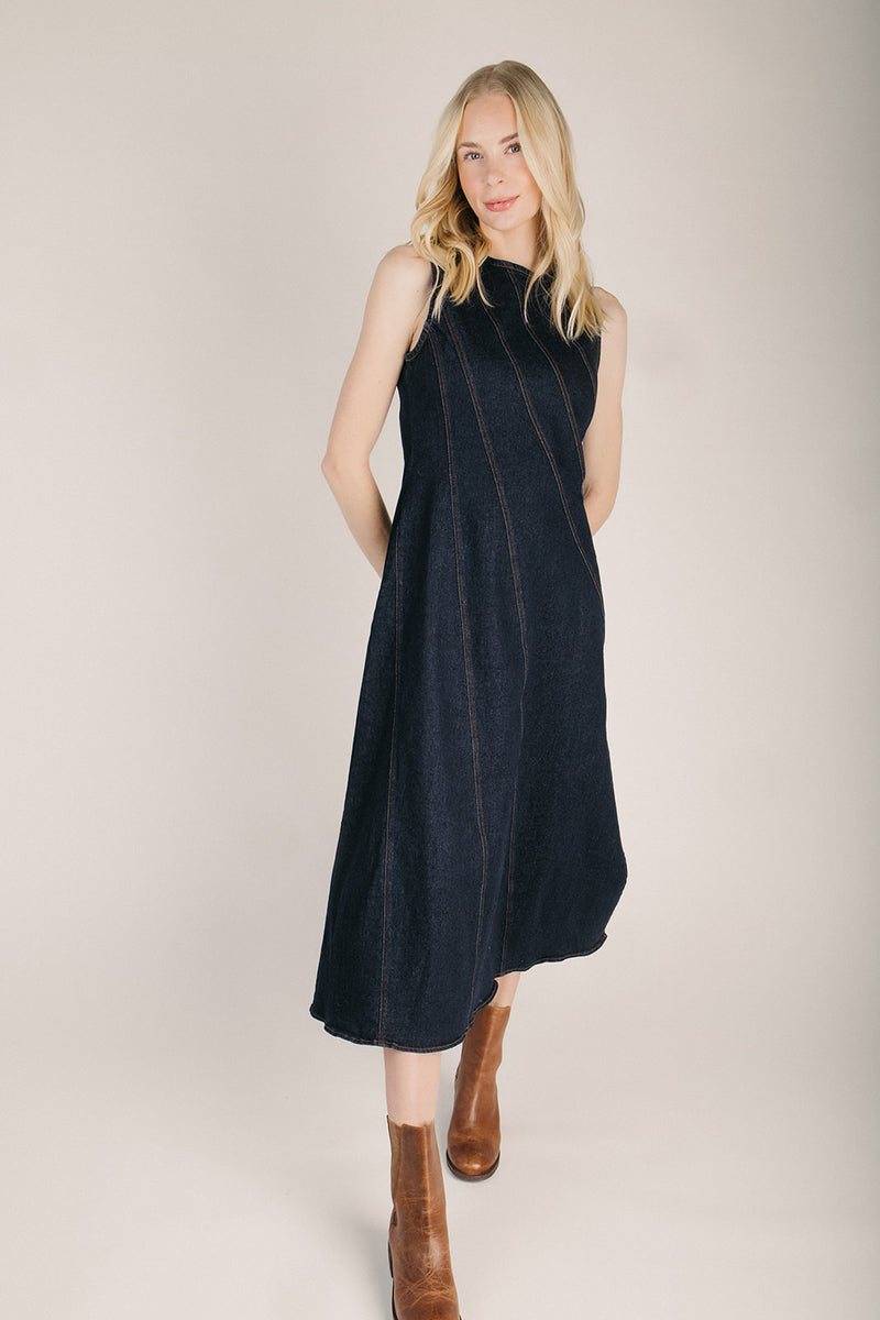 dark denim midi dress Lady Black Tie - Moonlight Serenade - Classic Denim Midi Dress