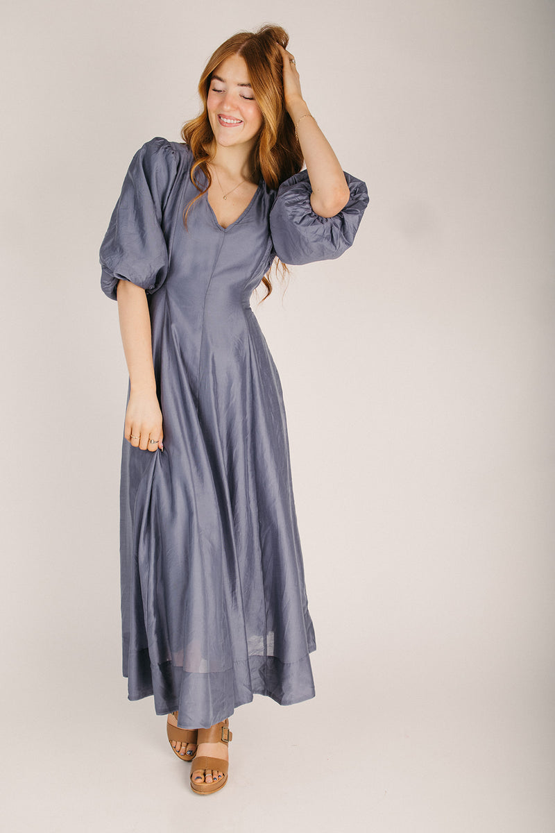 The Thatcher Puff Sleeve Midi Dress in Blue – Piper & Scoot