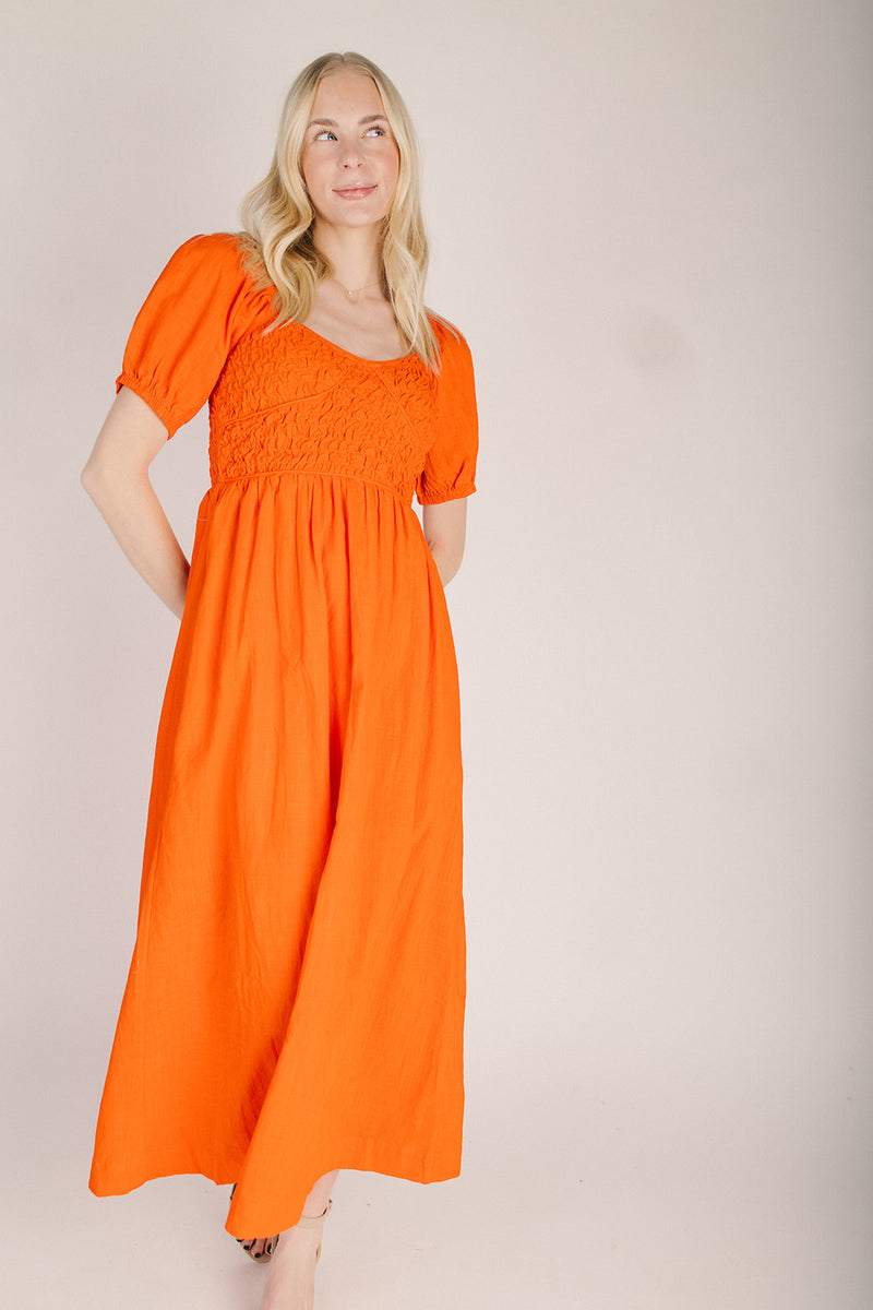 orange smocked dress The Merna Smocked Detail Maxi Dress in Orange
