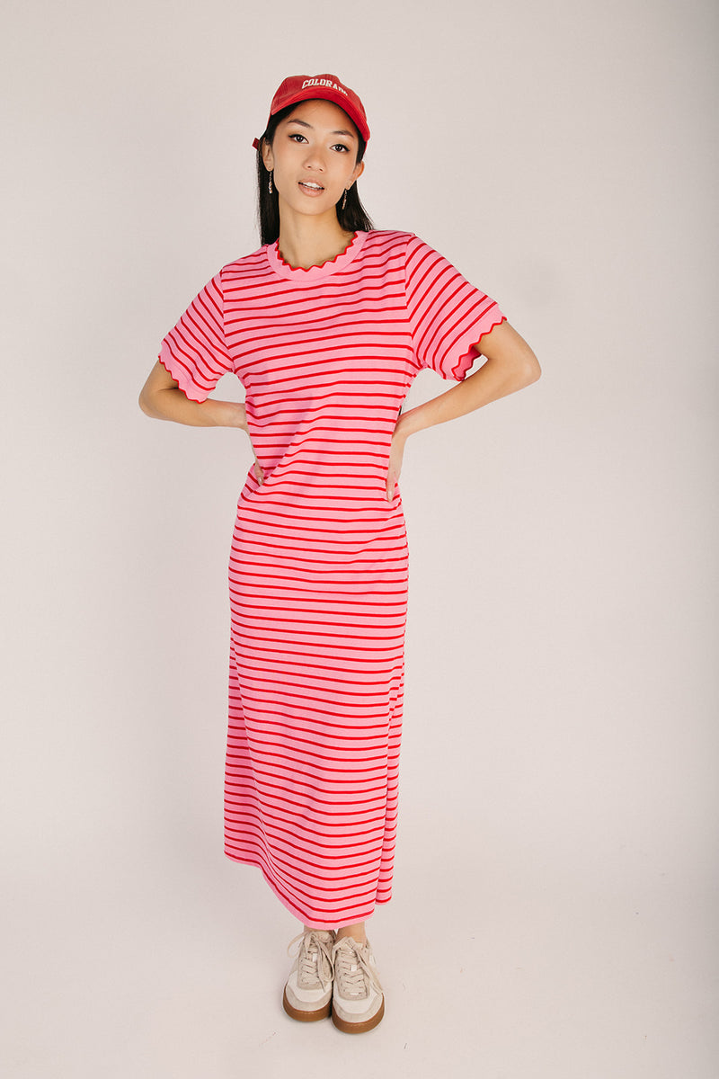 knee length dresses for ladies The Shipley Striped T-Shirt Midi Dress in Pink + Red – Piper & Scoot