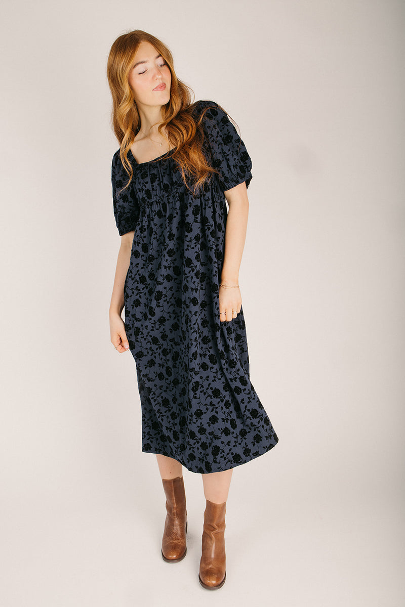 velvet floral midi dress The Slauson Velvet Floral Midi Dress in Navy + Black – Piper & Scoot