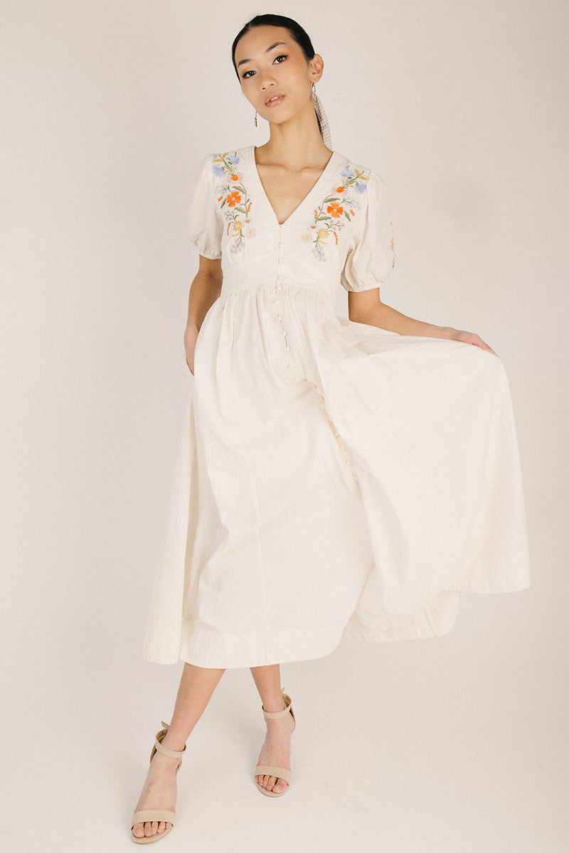The Shanda Embroidered Button-Up Midi Dress IN Buttercream (SHIPS IN 1 WEEK) Small The Shanda Embroidered Button-Up Midi Dress IN Buttercream (SHIPS IN 1 WEEK) Small