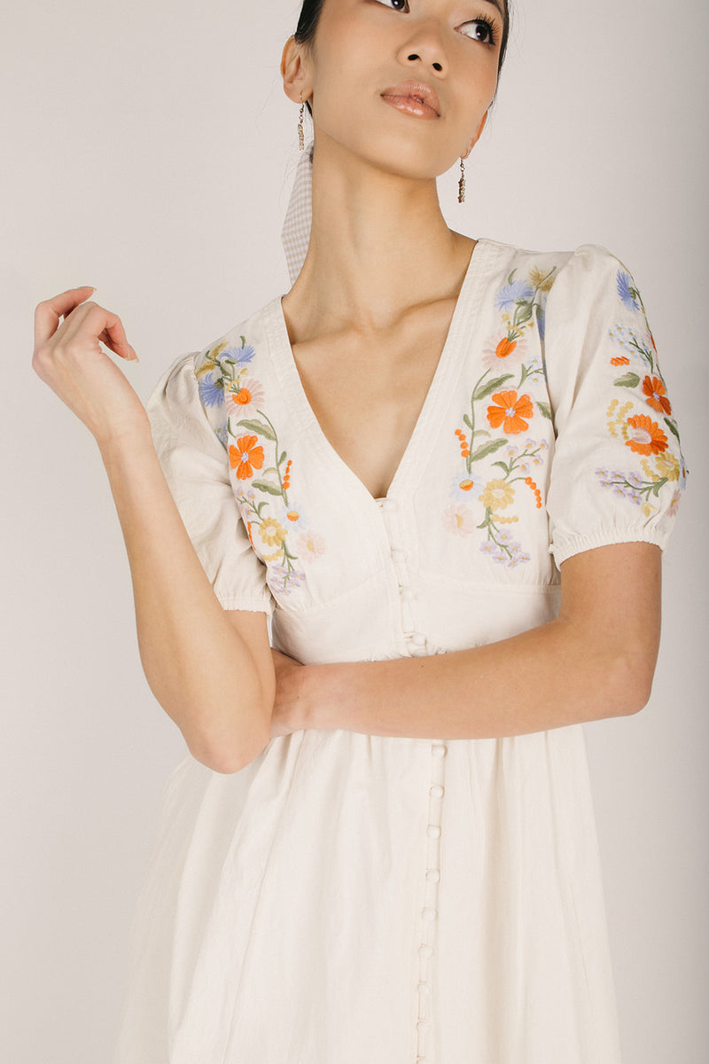 The Shanda Embroidered Button-Up Midi Dress in Buttercream – Piper & Scoot