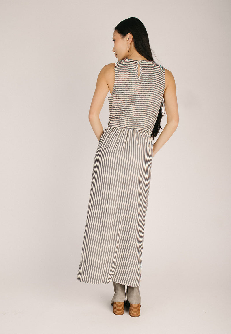 The Sopata Smocked Maxi Dress in Black Stripe Piper & Scoot The Sopata Smocked Maxi Dress in Black Stripe Piper & Scoot