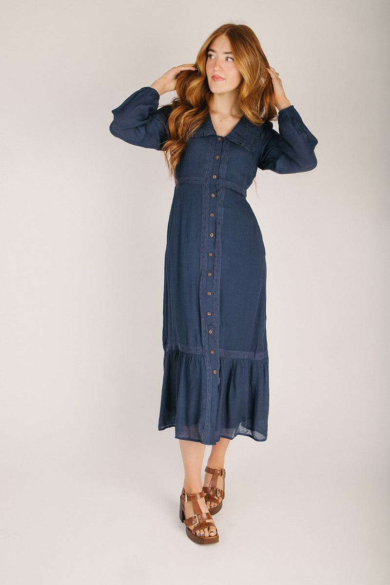The Tonnie Button-Up Collared Midi Dress in Navy The Tonnie Button-Up Collared Midi Dress in Navy