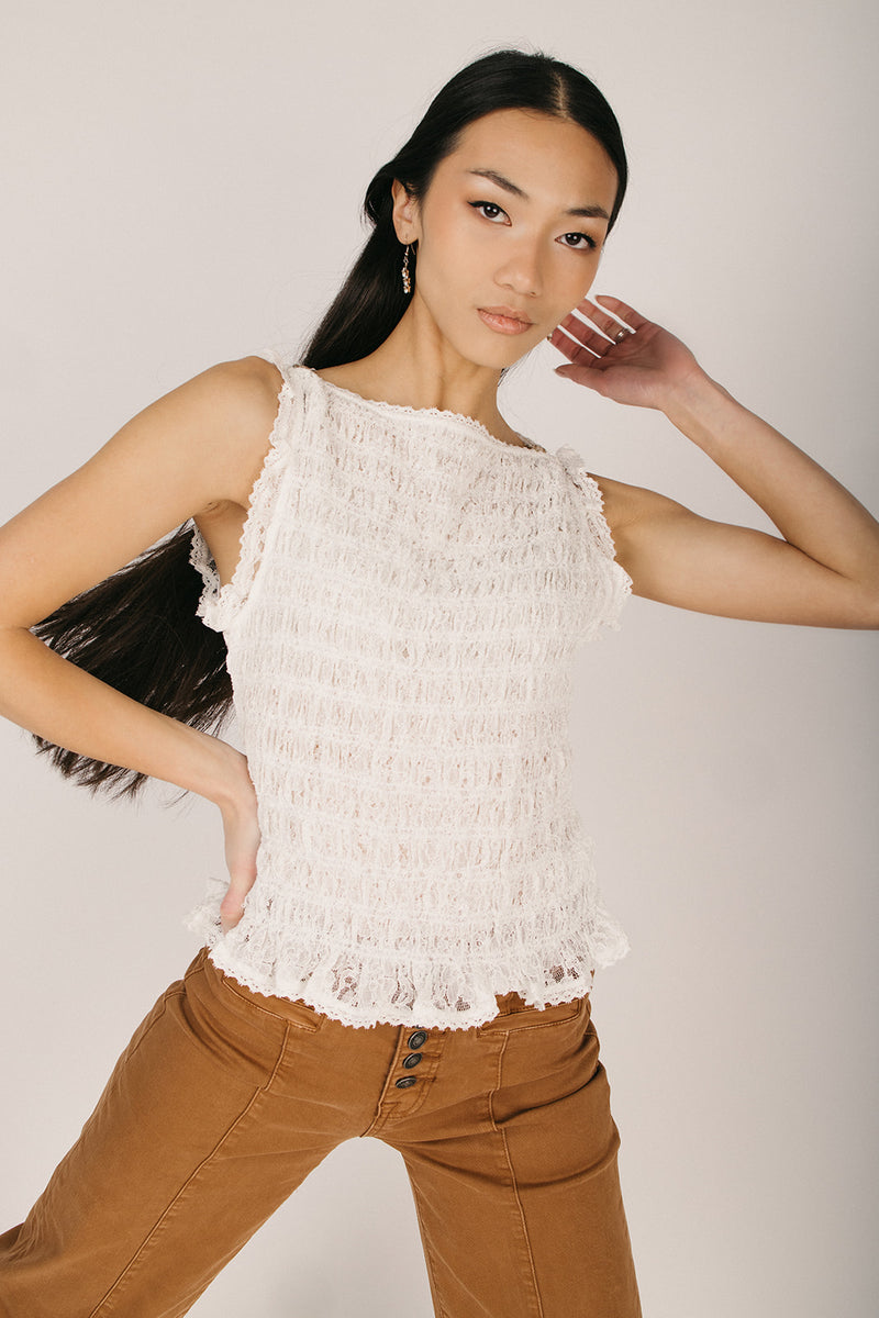 The Afton Smocked Lace Trim Sleeveless Tank in White – Piper & Scoot