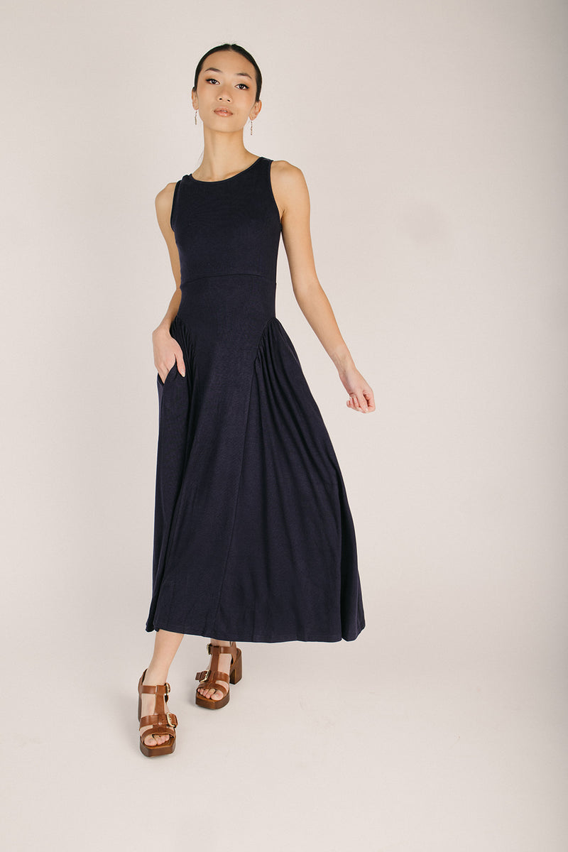 strapless open back dress The Webster Ribbed Pleated Maxi Dress in Navy – Piper & Scoot