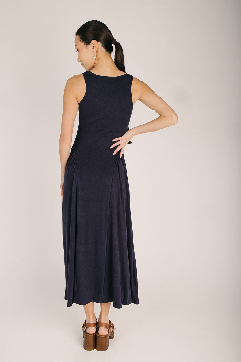 strapless open back dress The Webster Ribbed Pleated Maxi Dress in Navy – Piper & Scoot