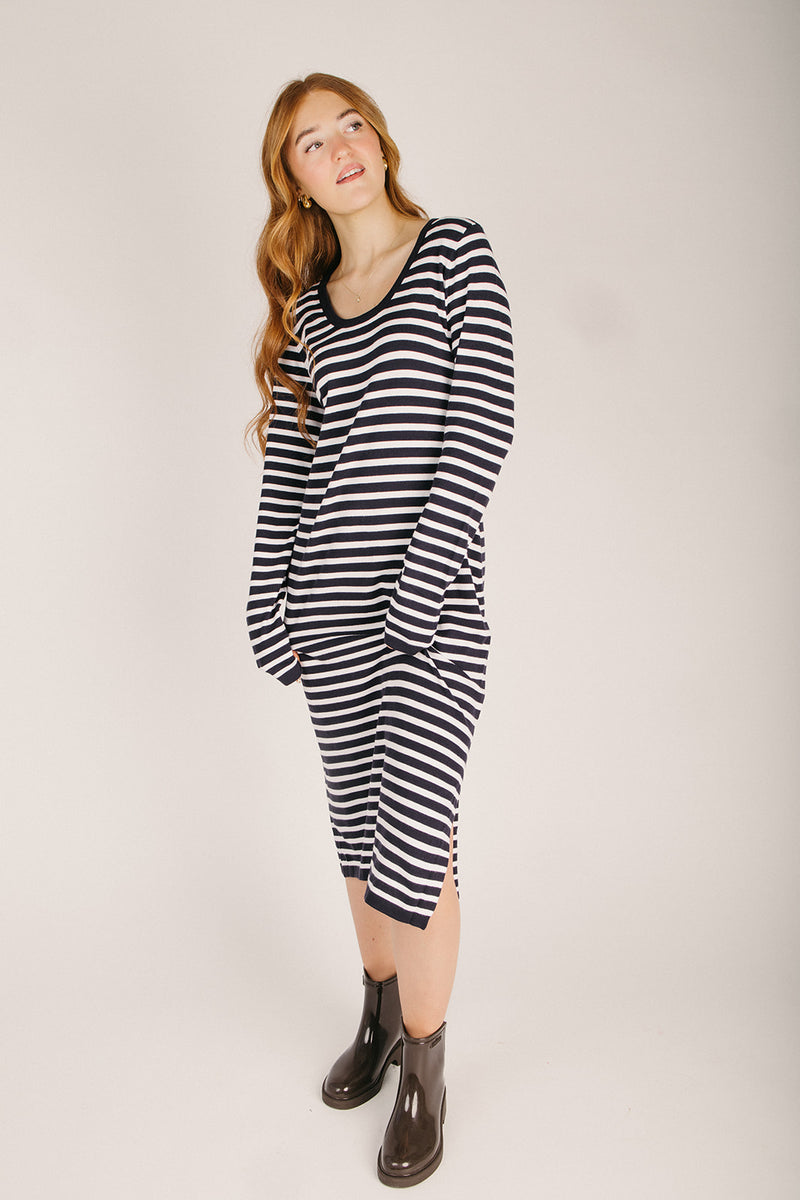 The Brazoria Striped Midi Sweater Dress in Navy + White Piper & Scoot The Brazoria Striped Midi Sweater Dress in Navy + White Piper & Scoot