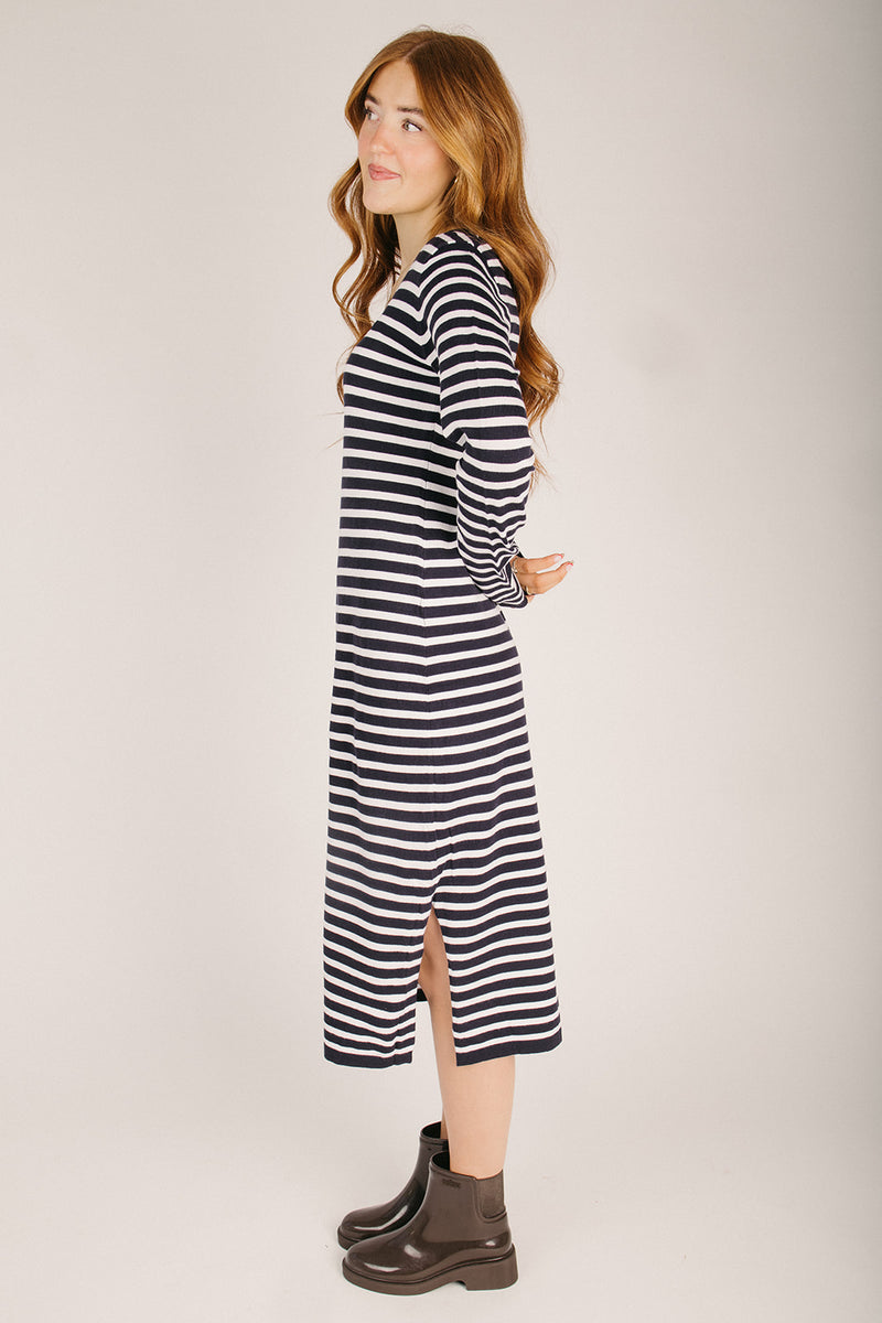 navy sweater dress midi The Brazoria Striped Midi Sweater Dress in Navy + White Medium