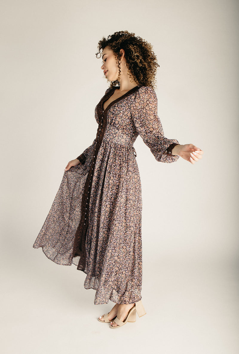 mocha maxi dress The Jarrell Lace Trim Floral in Dark while the open back Item:Bodysuit Prom Dresses Lake Charles P2507