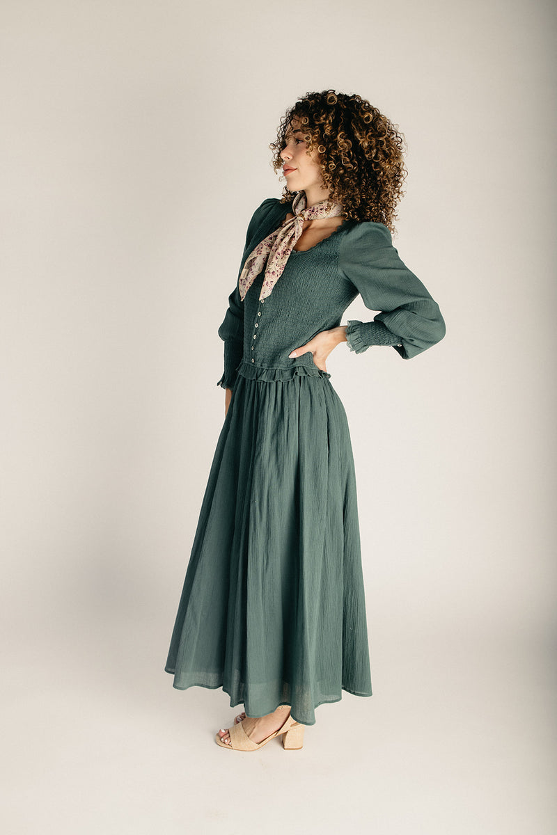 The Heywood Drop Waist Midi Dress in Jade – Piper & Scoot
