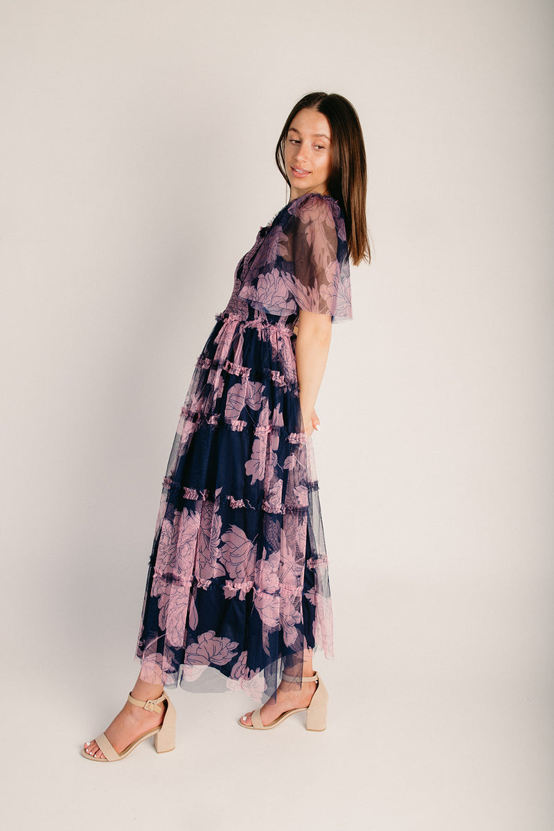 floral midi dress ruffle The Sunstrom Floral Ruffle Midi Dress in Navy Medium