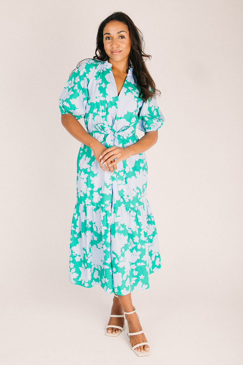 The Riona Floral Tiered Midi Dress in Blue + Kelly Green X-Small The Riona Floral Tiered Midi Dress in Blue + Kelly Green X-Small