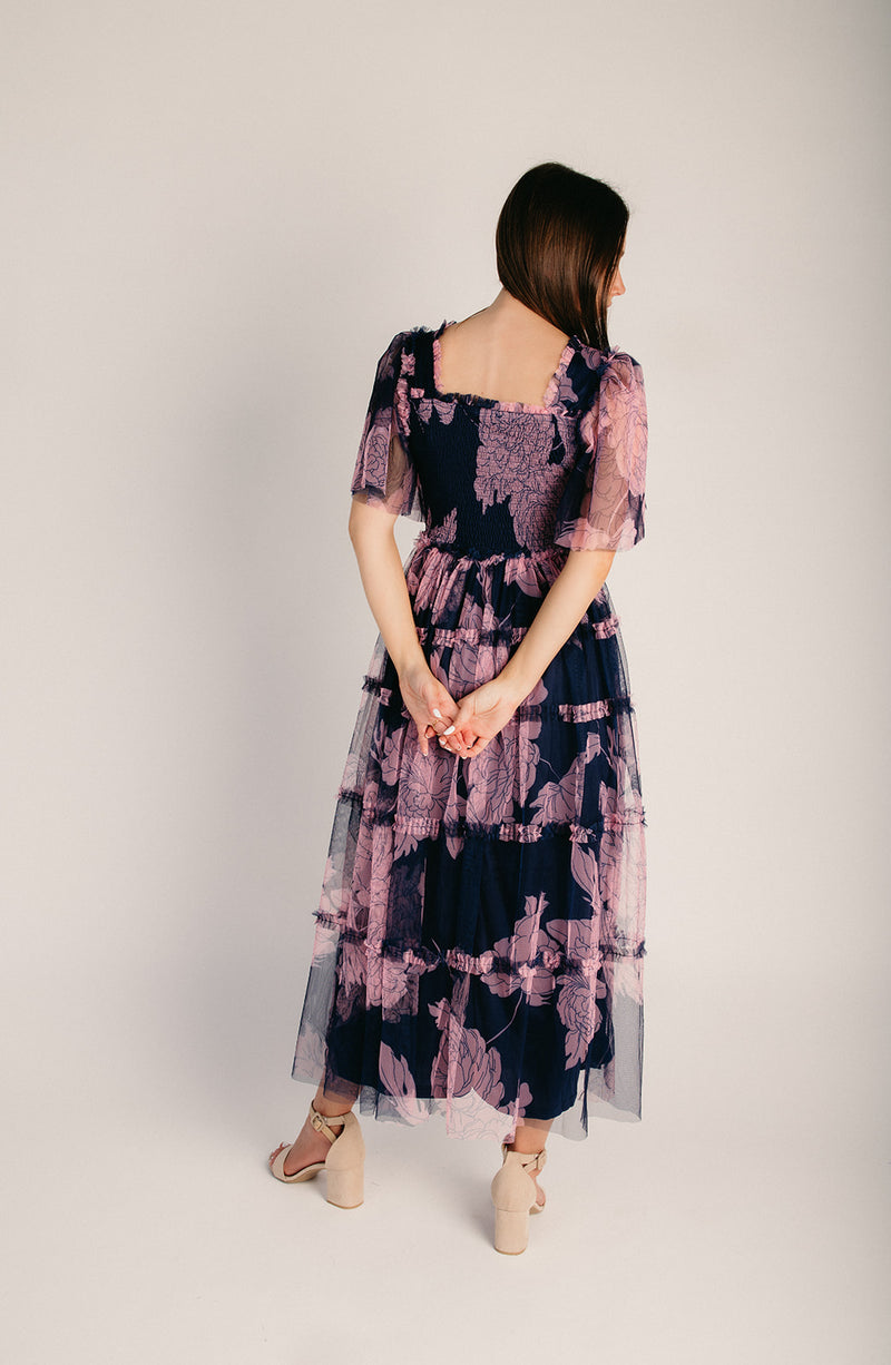 midi ruffle dress The Sunstrom Floral Ruffle Midi Dress in Navy – Piper & Scoot