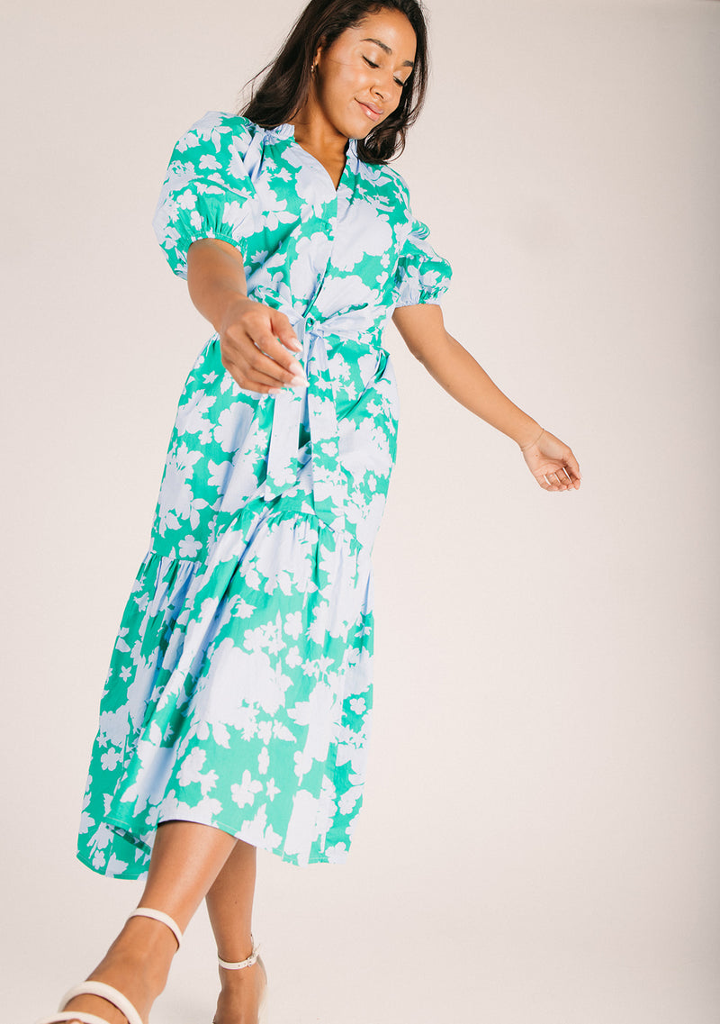 green emerald velvet dress The Riona Floral Tiered Midi Dress in Blue + Kelly Green – Piper & Scoot
