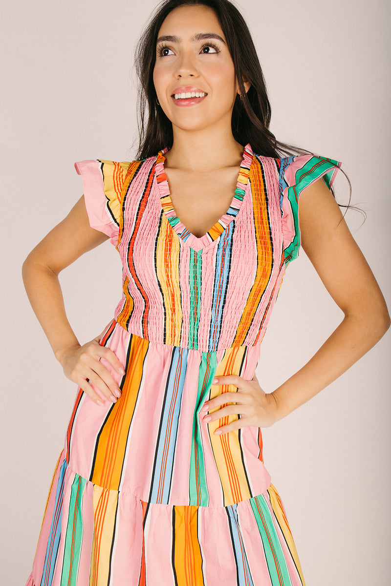 The Viya Tiered Midi Dress in Pink + Multi Stripe – Piper & Scoot