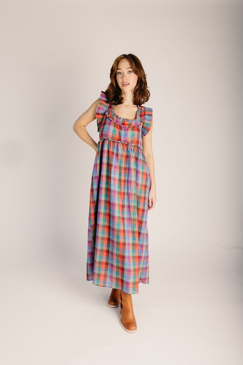 The Kimmy Ruffle Detail Midi Dress in Plaid Multi Piper & Scoot The Kimmy Ruffle Detail Midi Dress in Plaid Multi Piper & Scoot