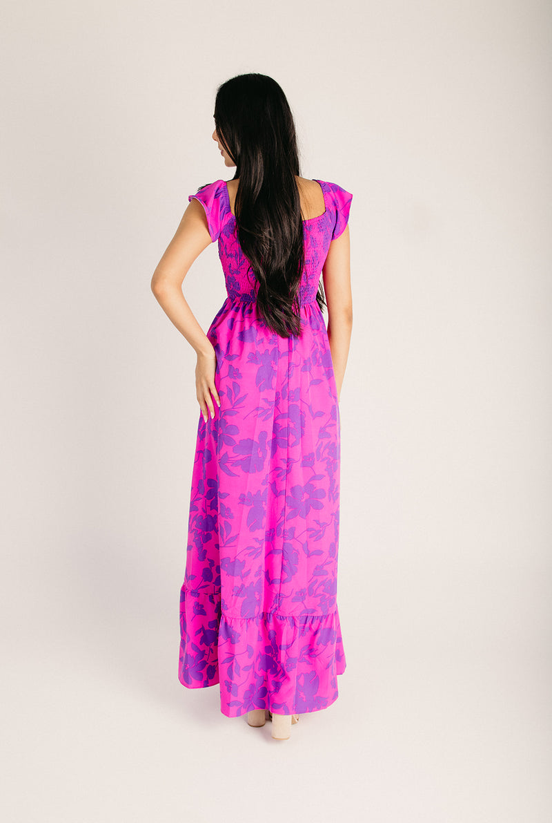 magenta floral maxi dress The Jocelyn Off-The-Shoulder Maxi Dress in Magenta Floral