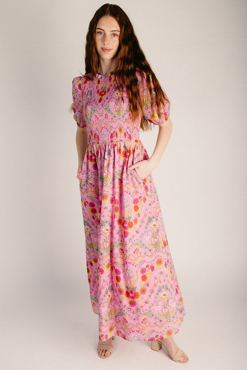 The Ramsie Smocked Floral Midi Dress in Cream + Pink Small The Ramsie Smocked Floral Midi Dress in Cream + Pink Small