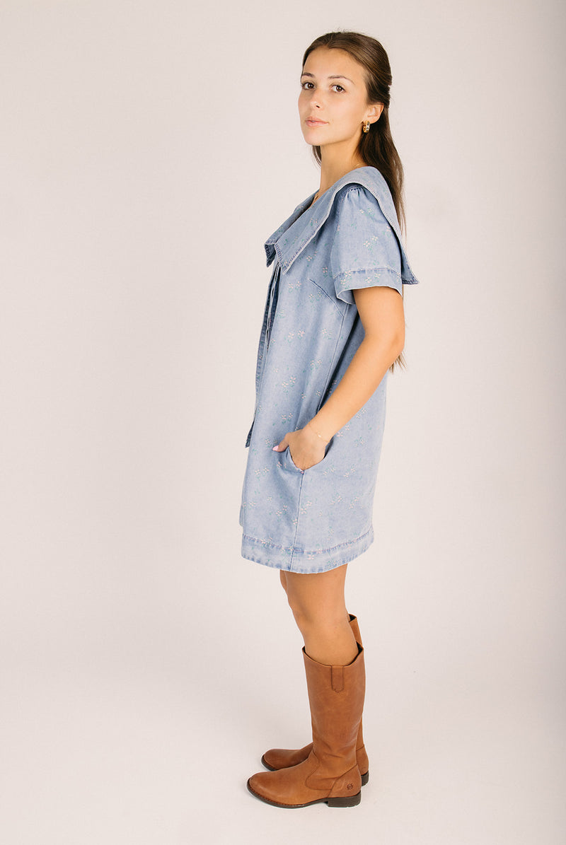 denim dress with collar The Denita Collared Dress in Denim + Pink Large