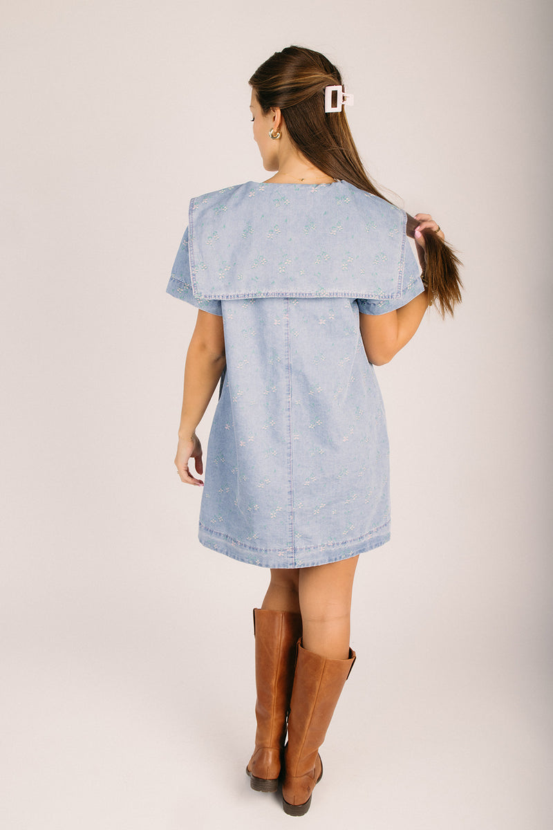 The Denita Collared Dress in Denim + Pink Large