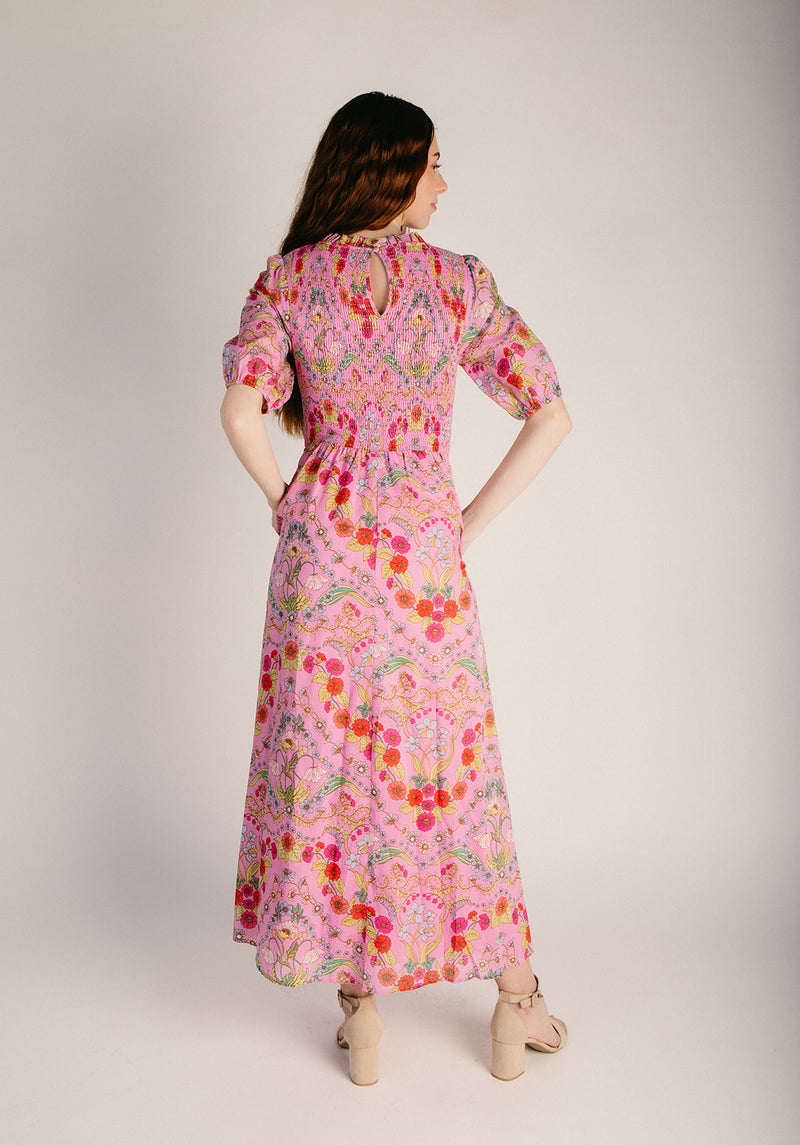 The Ramsie Smocked Floral Midi Dress in Cream + Pink Small