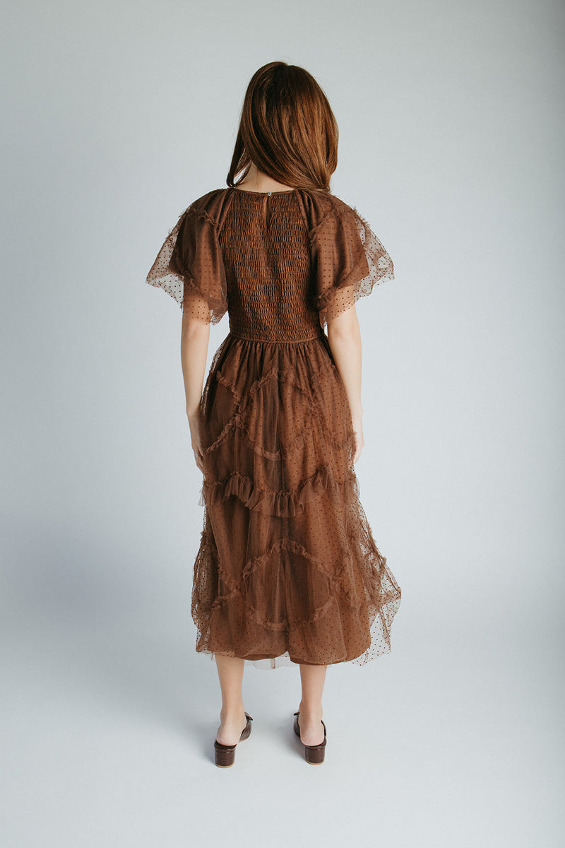 The Mazie Smocked Bodice Midi Dress in Brown Small The Mazie Smocked Bodice Midi Dress in Brown Small