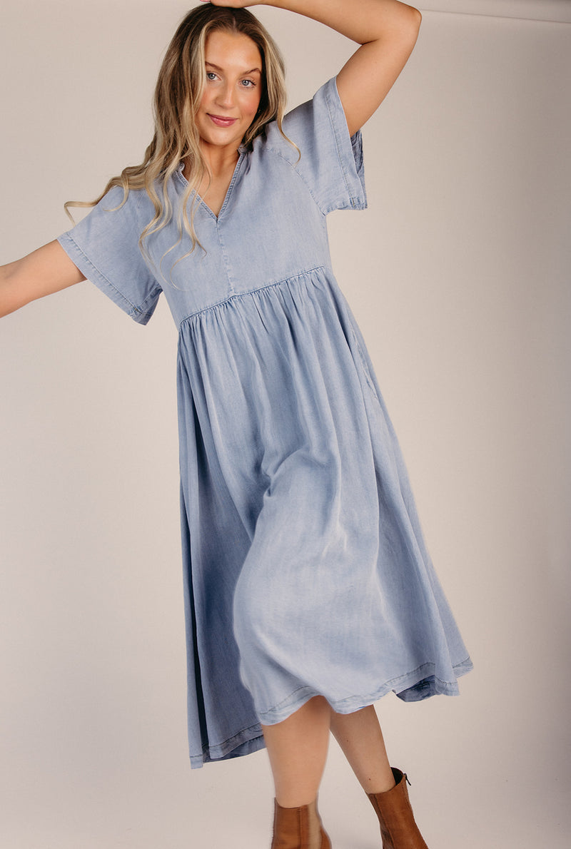 white christmas dresses The Rosario Tencel Midi Dress in Denim Small