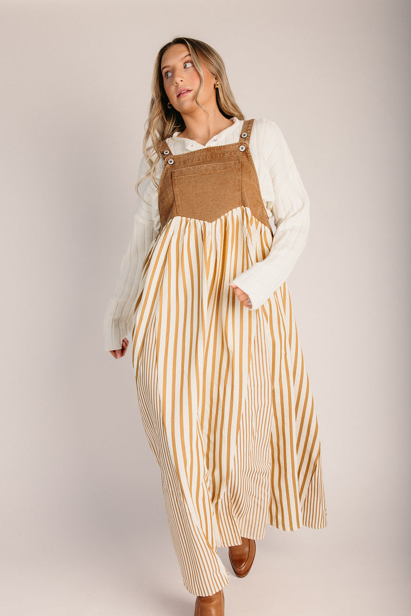 The Hellen Denim Overall Dress in Washed Taupe Small The Hellen Denim Overall Dress in Washed Taupe Small