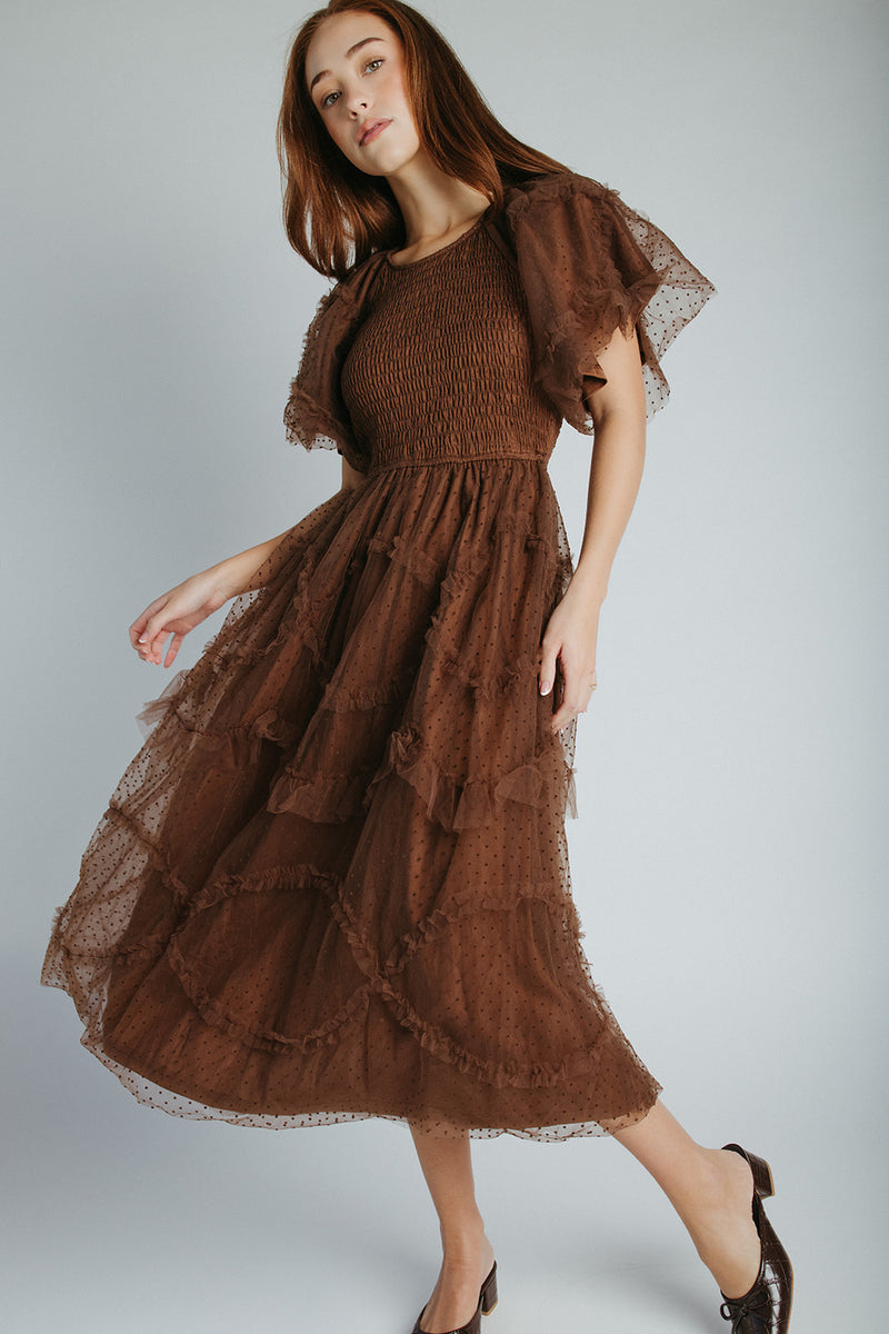 The Mazie Smocked Bodice Midi Dress in Brown Small The Mazie Smocked Bodice Midi Dress in Brown Small