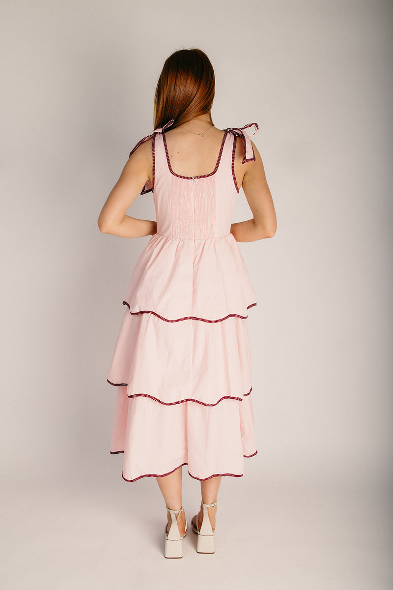 pink tiered dress midi Bella Pink Floral Tiered Ruffle Midi Dress