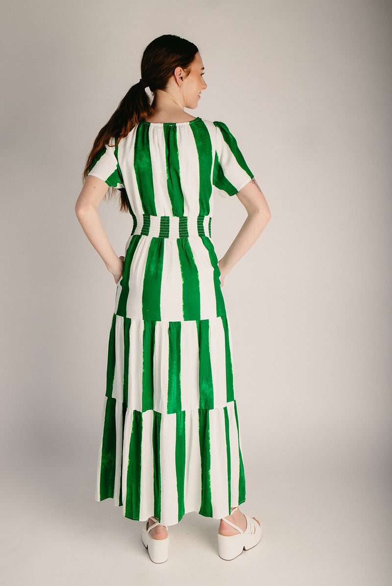 The Pilmar Smocked Waist Maxi Dress in Cream + Green Stripe Piper & Scoot The Pilmar Smocked Waist Maxi Dress in Cream + Green Stripe Piper & Scoot